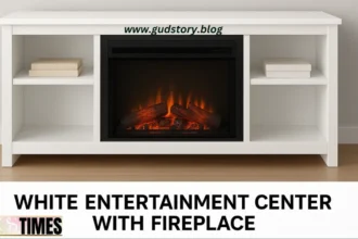 white entertainment center with fireplace