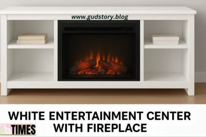 white entertainment center with fireplace