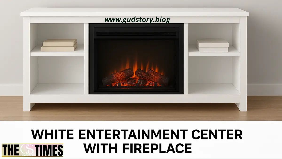 white entertainment center with fireplace