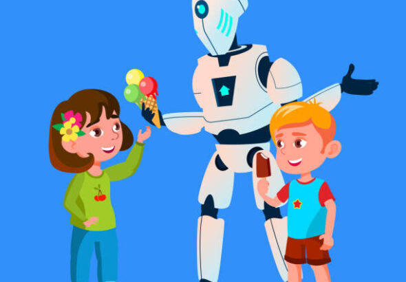 Robot Offering Ice-Cream To Kids Vector. Illustration