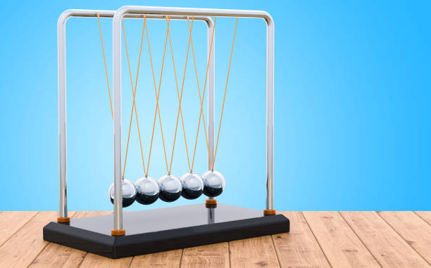Pendulum, Newton's cradle on the wooden table, 3D rendering